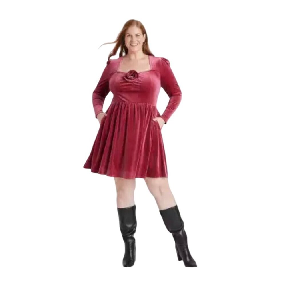 Ava & Viv Womens XXL Red Velvet Long Sleeve Dress With Rose Accent